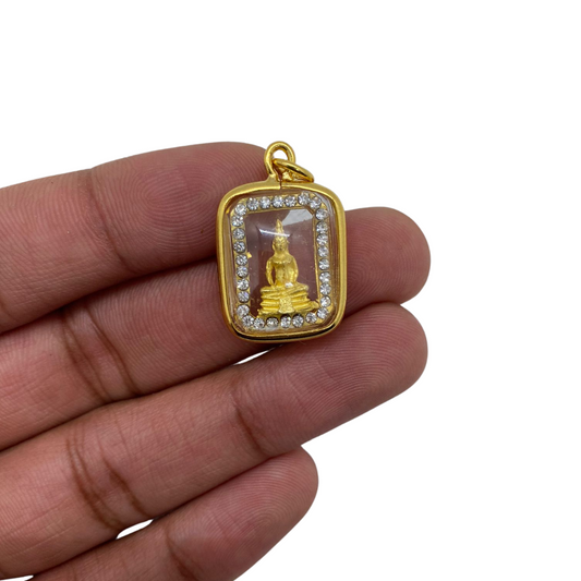 Petite amulette Thaï transparente en verre Bouddha position Dhyana mudra couleur doré scintillant